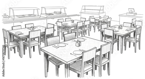 Sketch illustration capturing a restaurant interior with a buffet area setup