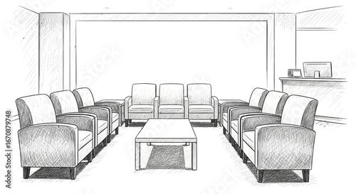 Sketch illustration of a modern waiting area with reception desk and chairs