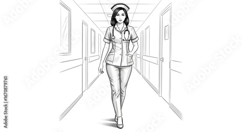 Sketch of a confident nurse walking in hospital corridor delivering care