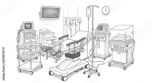 Sketch of a modern delivery room with specialized medical equipment present