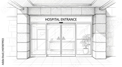 Stylized Sketch of a Hospital Entrance with Automatic Sliding Doors