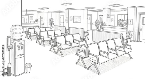 Waiting room sketch with water dispenser and modern seating arrangement