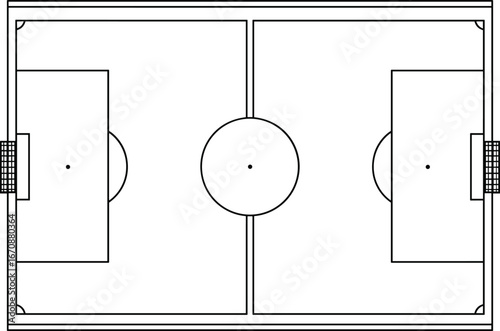 Soccer field diagram, top view layout, football pitch illustration, penalty area, goalpost design, kickoff spot, sports strategy graphic