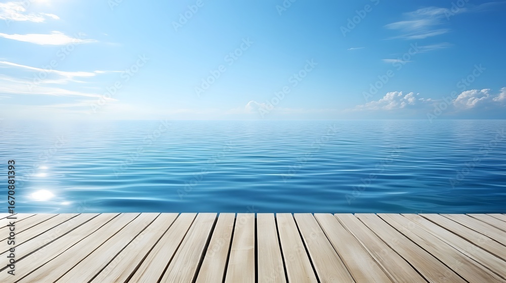 Fototapeta premium Serene Seascape, Wooden Dock Over Calm Ocean Water