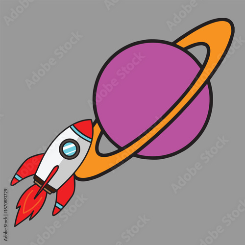 Cartoon rocket flying near a purple planet with orange rings, space exploration vector illustration, playful astronomy and galaxy design concept 