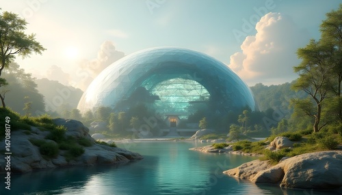 A futuristic 3D model of a biodome, showcasing a variety of biomes and ecosystems, under a simulated sun.