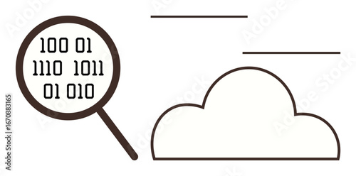 Magnifying glass examining binary code alongside a cloud shape. Ideal for data analysis, cloud computing, technology, cybersecurity, data transfer, programming, simple flat metaphor