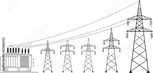 High voltage electricity transmission vector illustration, transformer station, power grid system, energy distribution network, black and white engineering drawing design