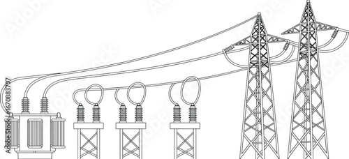High voltage power transmission line vector illustration, electrical grid infrastructure, transformer station, industrial energy distribution, black and white engineering drawing