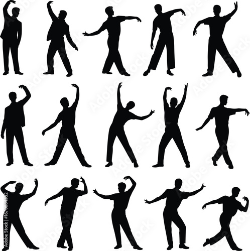 Male silhouette dancing poses, artistic dance movement collection, expressive body language, modern dance styles, black vector illustration, energetic performance, fluid motion, silhouette art