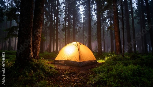 Illuminated tent with misty forest camping.