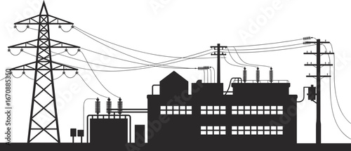 Silhouette of electrical power substation with transmission towers, power lines, transformers, industrial energy infrastructure, electrical distribution system, electricity supply, utility poles