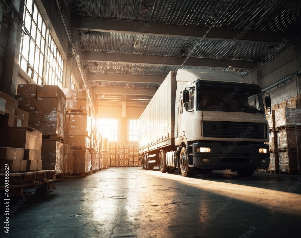 Fototapeta premium Large white truck in warehouse