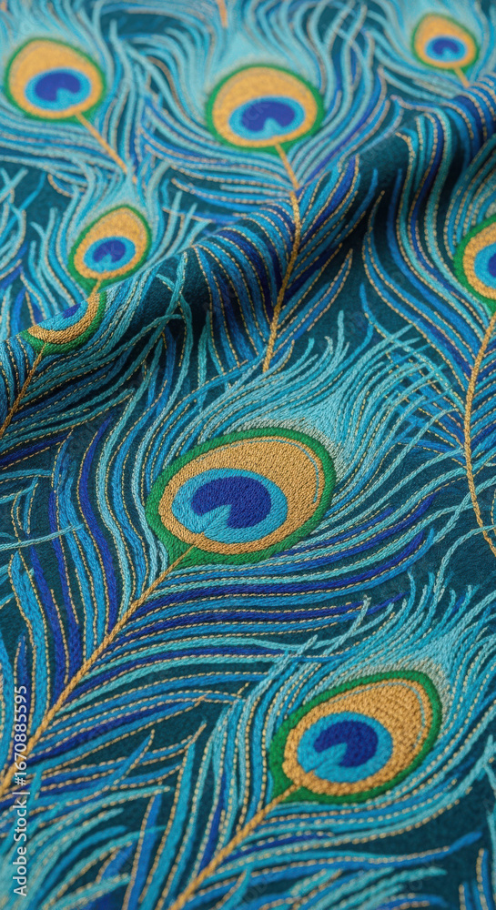 Obraz premium Peacock Feather Pattern Fabric in Teal, Gold, and Blue Abstract Design