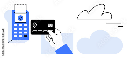 Hand holding credit card taps on digital payment terminal with receipt. Ideal for finance, technology, ecommerce, transactions, innovation, cloud integration, simple landing page