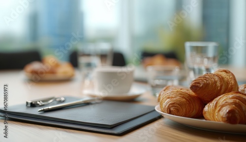 Meeting room table with croissants and coffee (1)