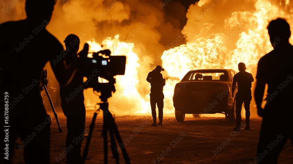 Fototapeta premium Explosive action scene featuring filmmakers and fireball effects urban setting cinematic content nighttime viewpoint thrilling concept