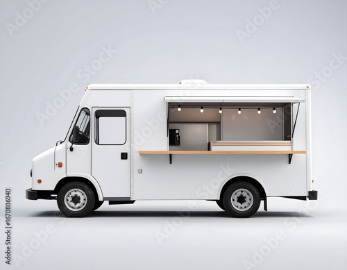 A realistic 3D render of a generic white food truck with an open service window, a mobile coffee shop on an isolated background for branding mockups