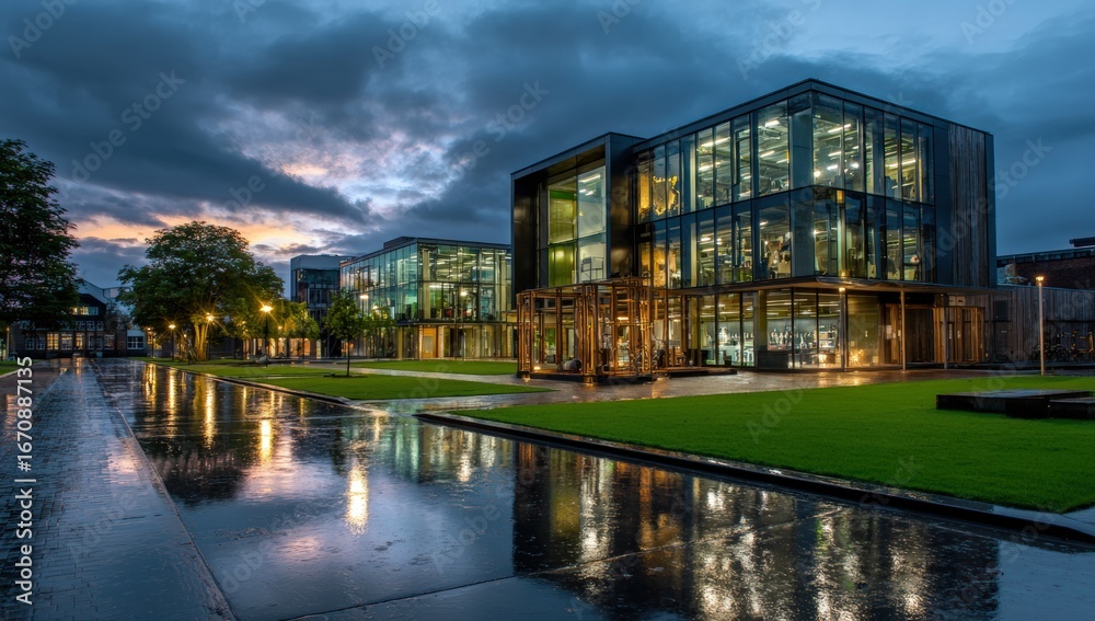 Fototapeta premium Modern office buildings at twilight reflected in a water feature