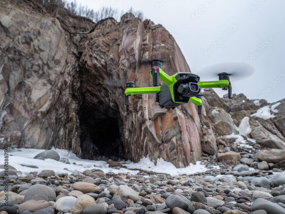Obraz premium Green drone flying near rocky coast in winter