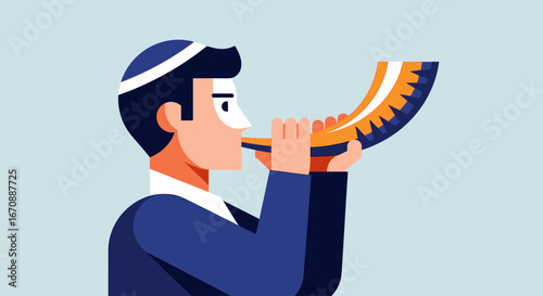 A man in a kippah blows the shofar, a ram's horn, during a religious ceremony.