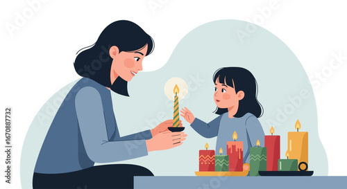 A mother and daughter share a moment of joy, lighting candles together.