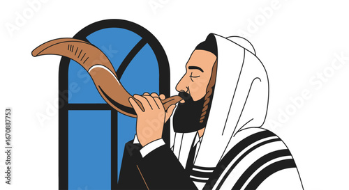 A man in traditional Jewish attire blows the shofar during Rosh Hashanah.