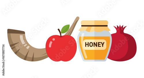 Rosh Hashanah symbols: shofar, apple, honey, pomegranate.
