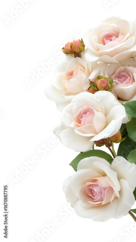 Close-up of white roses with soft pink centers on transparent background