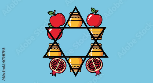 Cartoon illustration of a Star of David formed by apples, honey pots, and pomegranates on a light blue background.