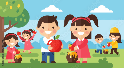 Children enjoying apple picking and dipping in honey outdoors on a sunny day, surrounded by trees and green grass.