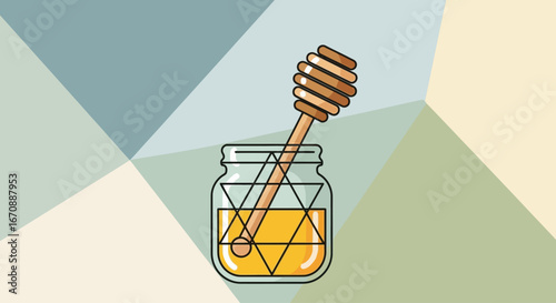 Illustration of a honey jar with a wooden dipper, showcasing a geometric background design.