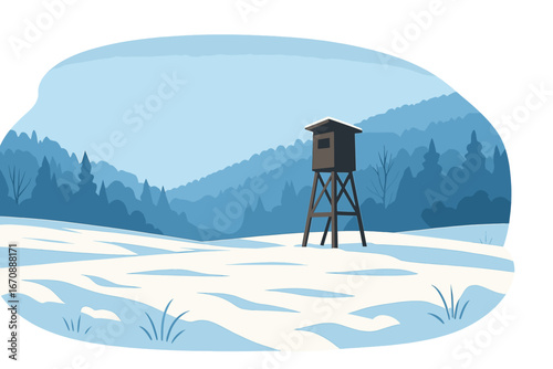 Standing high on a snowy meadow near a forest in winter to hunt