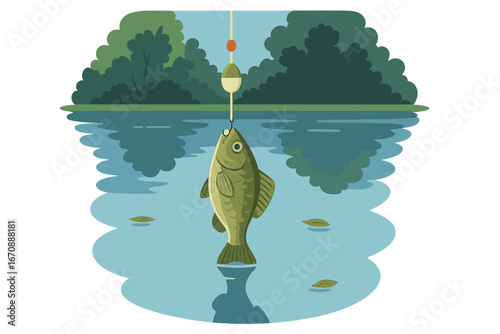 Catch a crucian carp using a hook and fishing line, then reel it in from above the water's surface at a forest pond, embodying the concept of hunting, fishing, and outdoor recreation