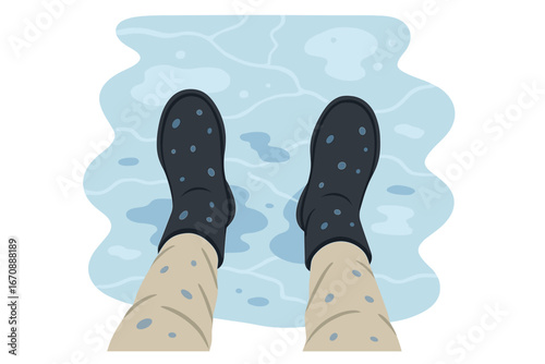 A fisherman or hunter's feet in large warm boots on a snowy winter day or on melting ice in spring, viewed from above, highlighting the dangers of fishing during seasonal transitions