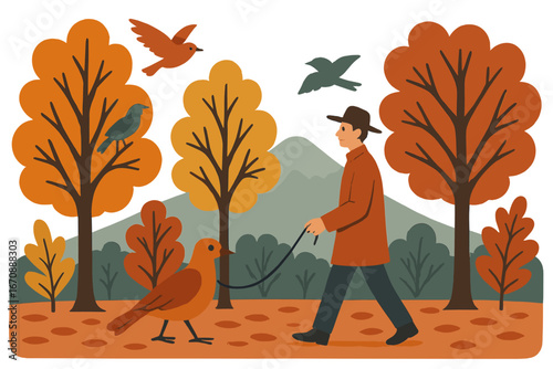 A man experiences serenity during an autumn morning hunt, surrounded by a misty landscape of golden leaves and birds beside a lake