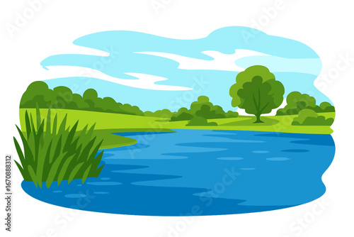 A serene and expansive river, set amidst a picturesque fishing landscape, is lined with reeds and kugai along its banks