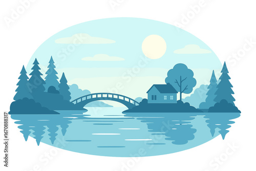 Autumn landscape featuring a small house situated on a man-made island, connected by a lengthy wooden bridge, and surrounded by a miniature lake shrouded in light fog