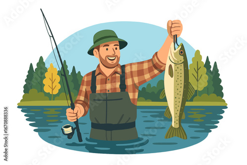 The fisherman has caught a fish pike on a hook in a freshwater pond and is now holding it