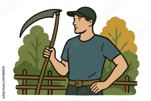 A man wearing a blue t-shirt at the abrasive bar sharpens and inspects the tip of the spit in preparation for mowing