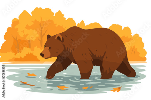 A grizzly bear is seen standing by the riverbank having caught a salmon, while a brown bear is searching for fish during the fall season