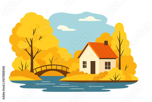 Autumn morning landscape of a small island with an abandoned house and trees, situated in the middle of a lake, in the village of Old Solotvin, Zhytomyr Region, Ukraine
