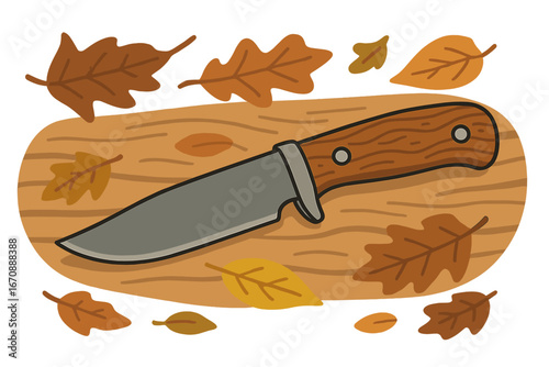 A hunting knife lies on a wooden table, encircled by natural surroundings in a close-up shot
