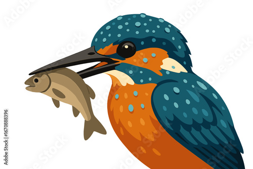 A kingfisher is depicted holding a fish while rain falls, set against a blurred autumnal backdrop