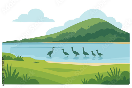 A lake surrounded by lush green hills has a mountainous backdrop and is home to herons and gulls that hunt for fish in its shallow waters