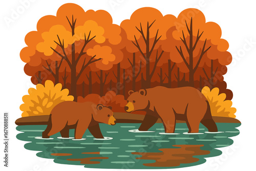Bears hunt for salmon in a colorful stream filled with spawning fish surrounded by fall leaves