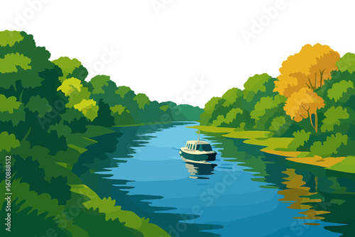 Two guys are floating along the riverbed inside an inflatable boat on the river
