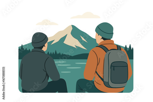 Two men, probably fishermen, are seated on a boat in a river, surrounded by an outdoor natural landscape, with the man on the right displaying a focused expression