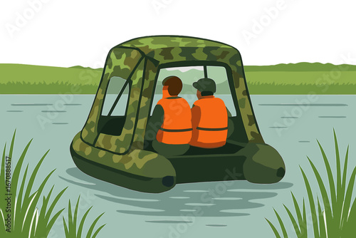 In Russia, an inflatable awning boat drifts towards the grassy riverbank on a autumn day, used for fishing recreation on the water