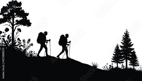 Two hikers trekking uphill with backpacks and trekking poles among trees and plants silhouette
